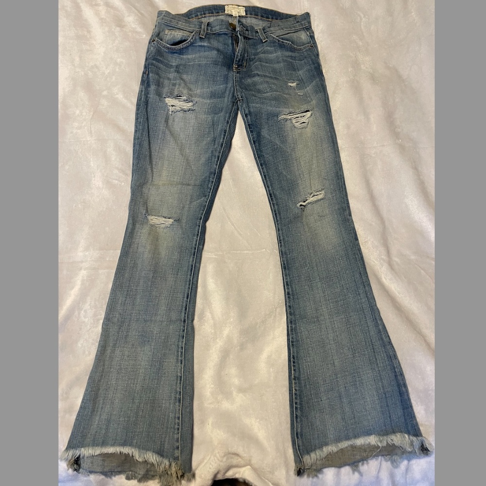 Vintage Current Elliot low rise flared jeans, distressed denim frayed hem